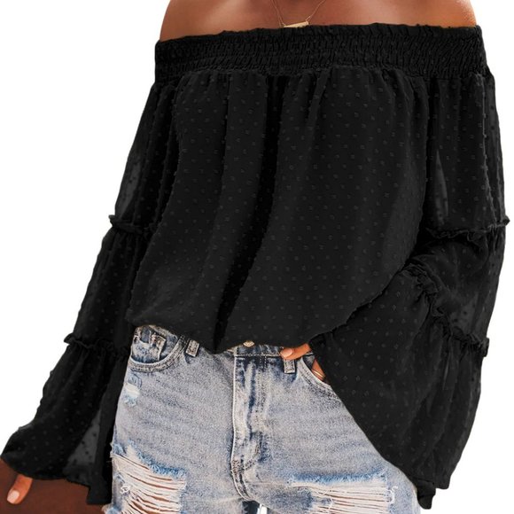 Tops - new Sheer Dotted Bell Sleeves Off Shoulder Top M